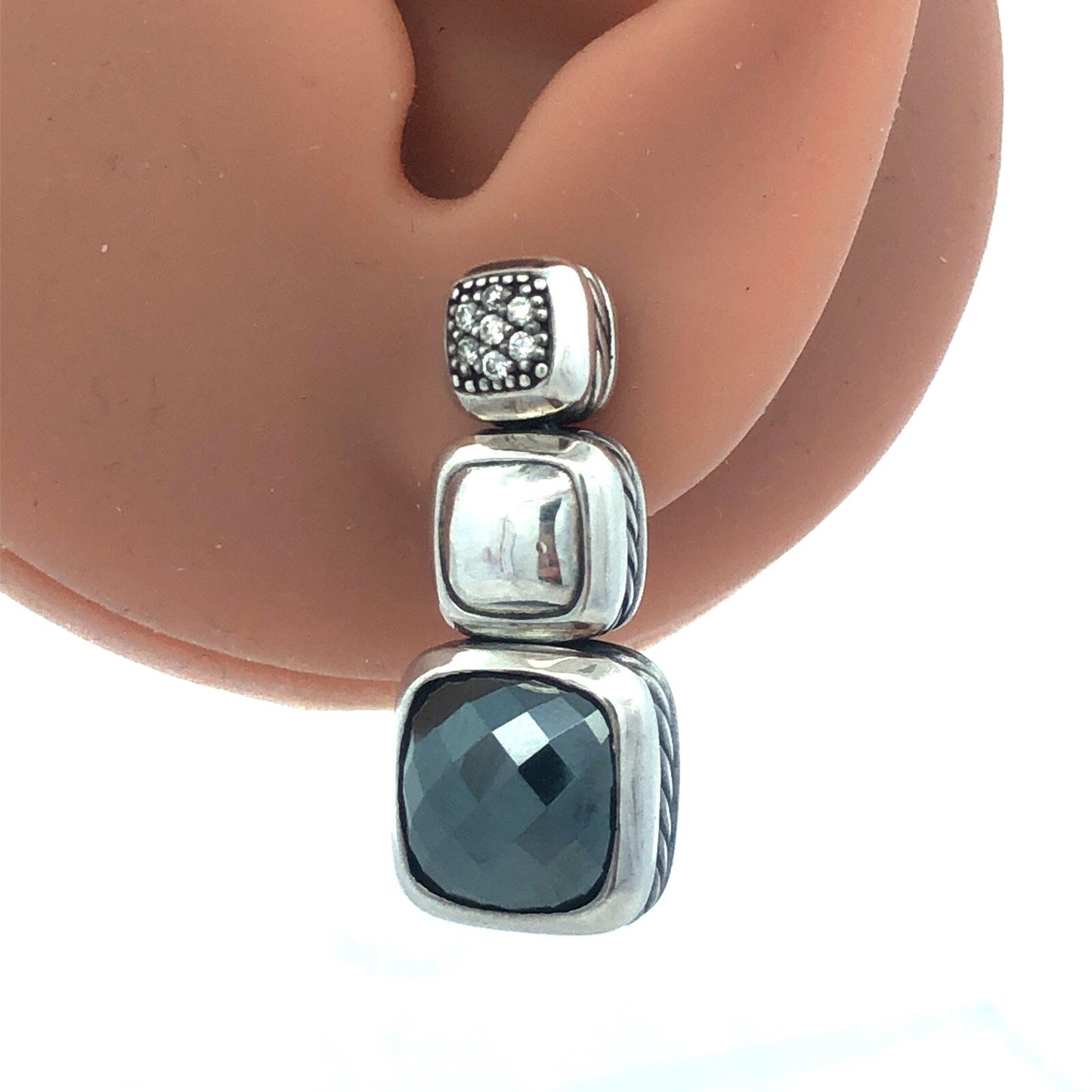 David Yurman 925 Sterling Silver Albion Cushion Cut Hematite Diamond Earrings