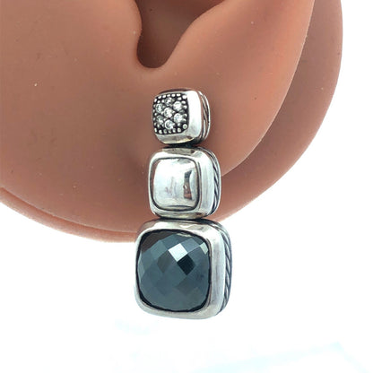 David Yurman 925 Sterling Silver Albion Cushion Cut Hematite Diamond Earrings