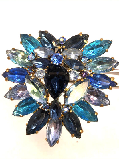 Vintage West Germany Blue Rhinestone Gold Tone Statement Earrings & Brooch Set