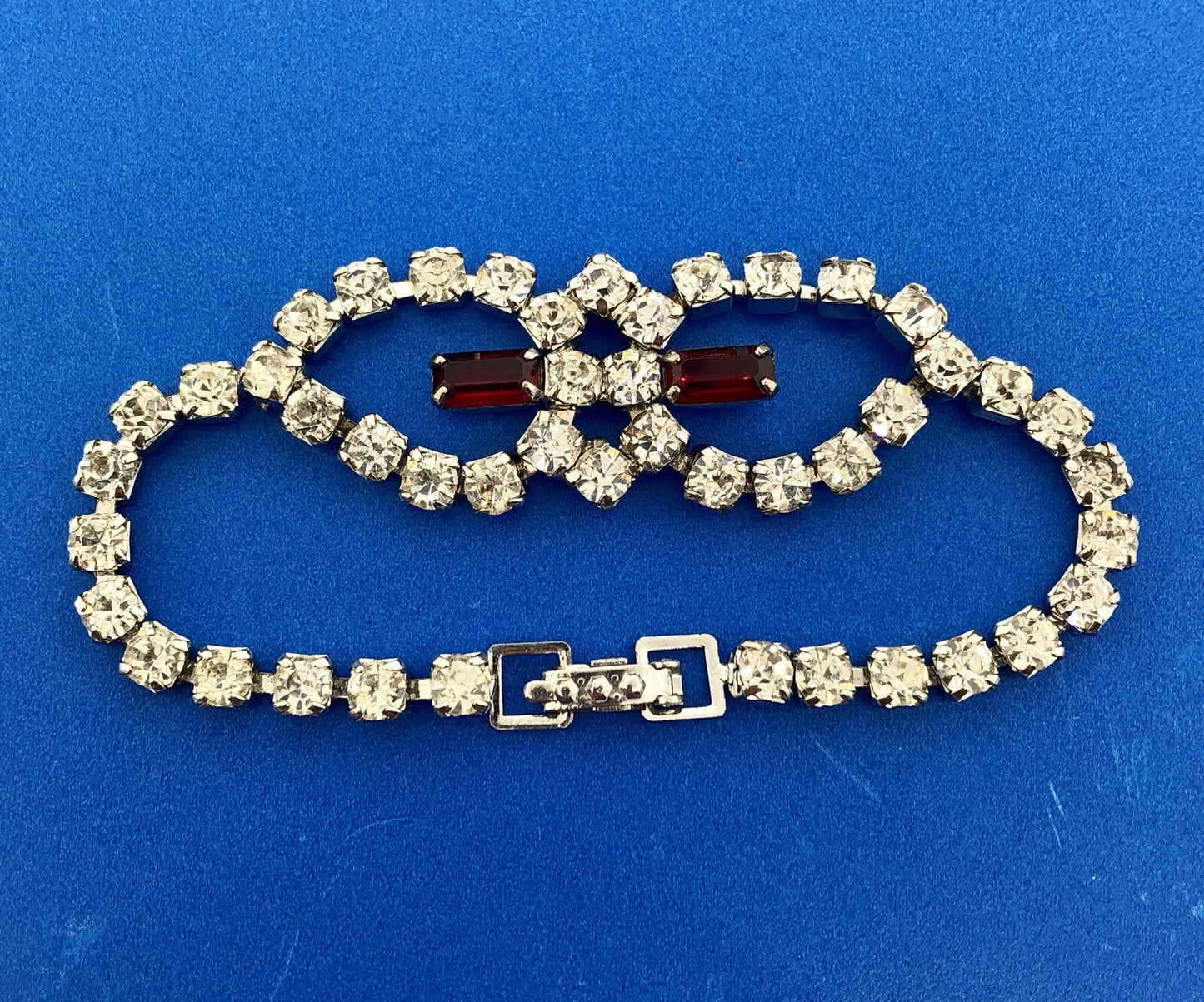 Vintage Silver Tone Rectangle Red Round White Rhinestone Valentine Bracelet