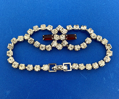 Vintage Silver Tone Rectangle Red Round White Rhinestone Valentine Bracelet