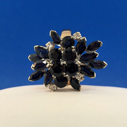 Estate 1982 14K Yellow Gold Sapphire Diamond Waterfall Cluster Statement Ring