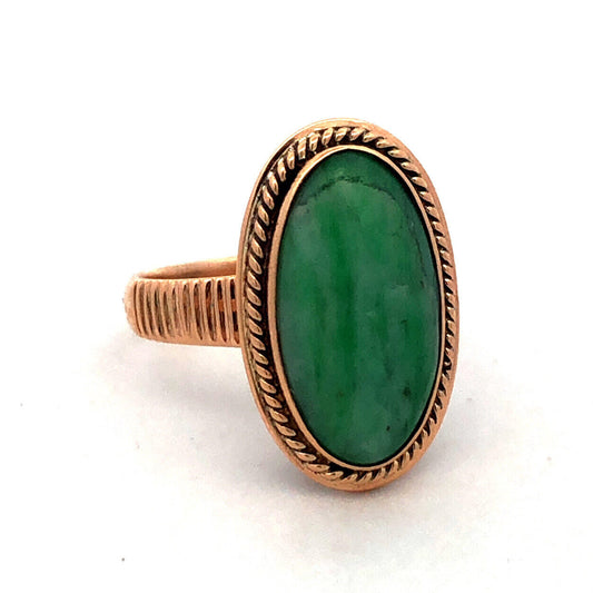 Vintage 14K Yellow Gold Oval Green Jade Bezel Solitaire Textured Statement Ring