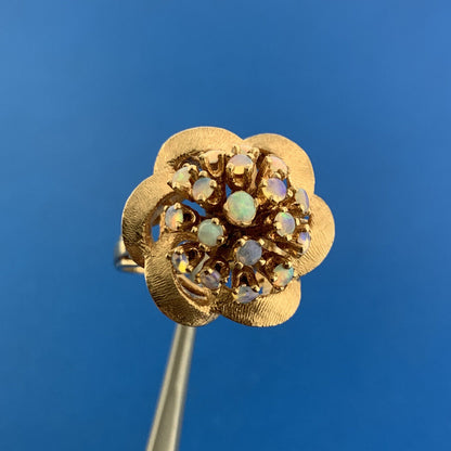 Mid Century 14K Yellow Gold Opal Flower Cluster Ribbon Statement Cocktail Ring