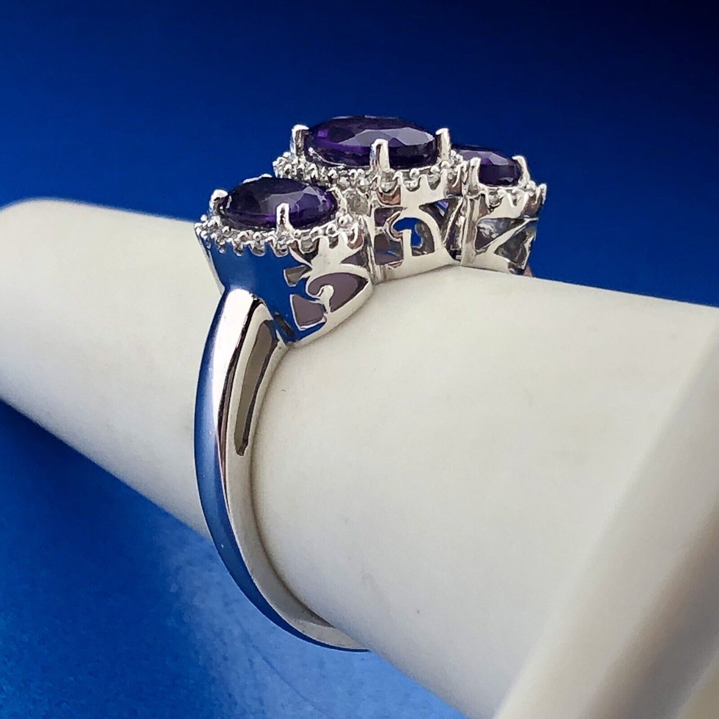 Stunning 10K White Gold Amethyst Trio Diamond Halo February Anniversary Ring