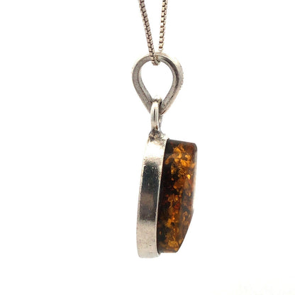 Vintage 925 Sterling Silver Oval Amber Pendant Chain Necklace