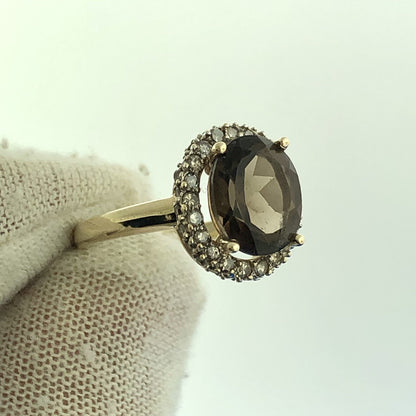 Retro Designer 14K Yellow Gold Oval Smoky Quartz Diamond Halo Cocktail Ring