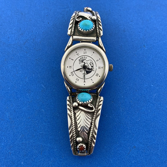 Native American Sterling Silver Turquoise Coral Kokopelli Bracelet Watch Parts