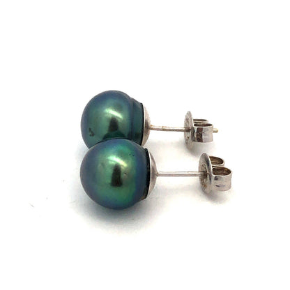 Designer 14K White Gold Round Tahitian Pearl Ball Solitaire Stud Earrings