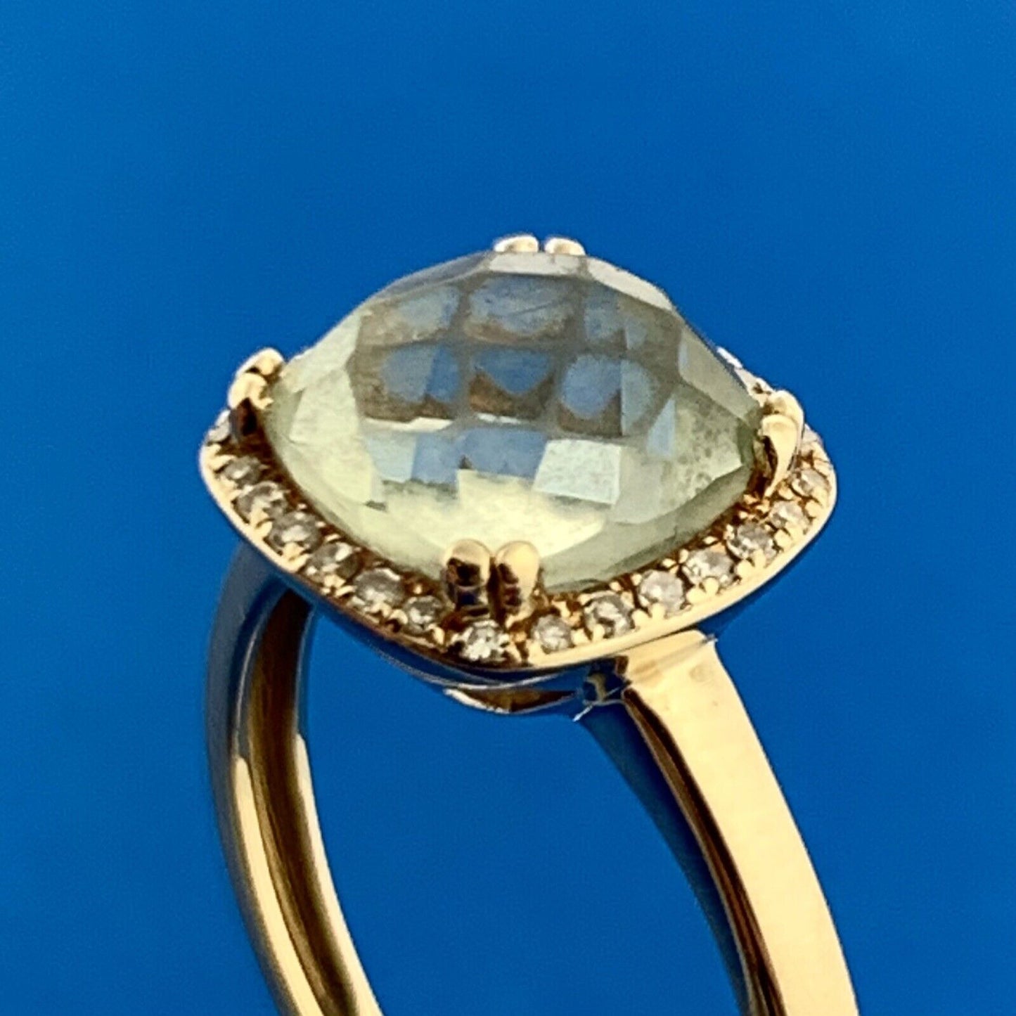 14k Yellow Gold Faceted Cushion Green Tourmaline Diamond Accent Size 6.25 Ring