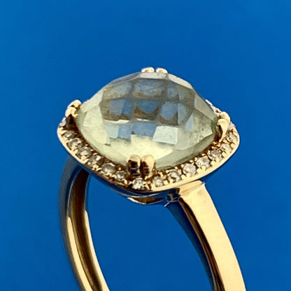 14k Yellow Gold Faceted Cushion Green Tourmaline Diamond Accent Size 6.25 Ring