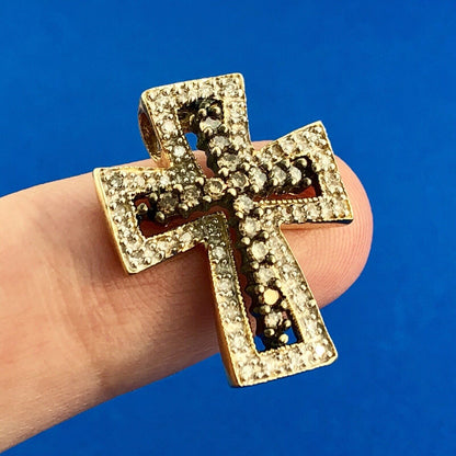 Designer 14K Yellow Gold White Champagne Diamond Statement Cross Pendant