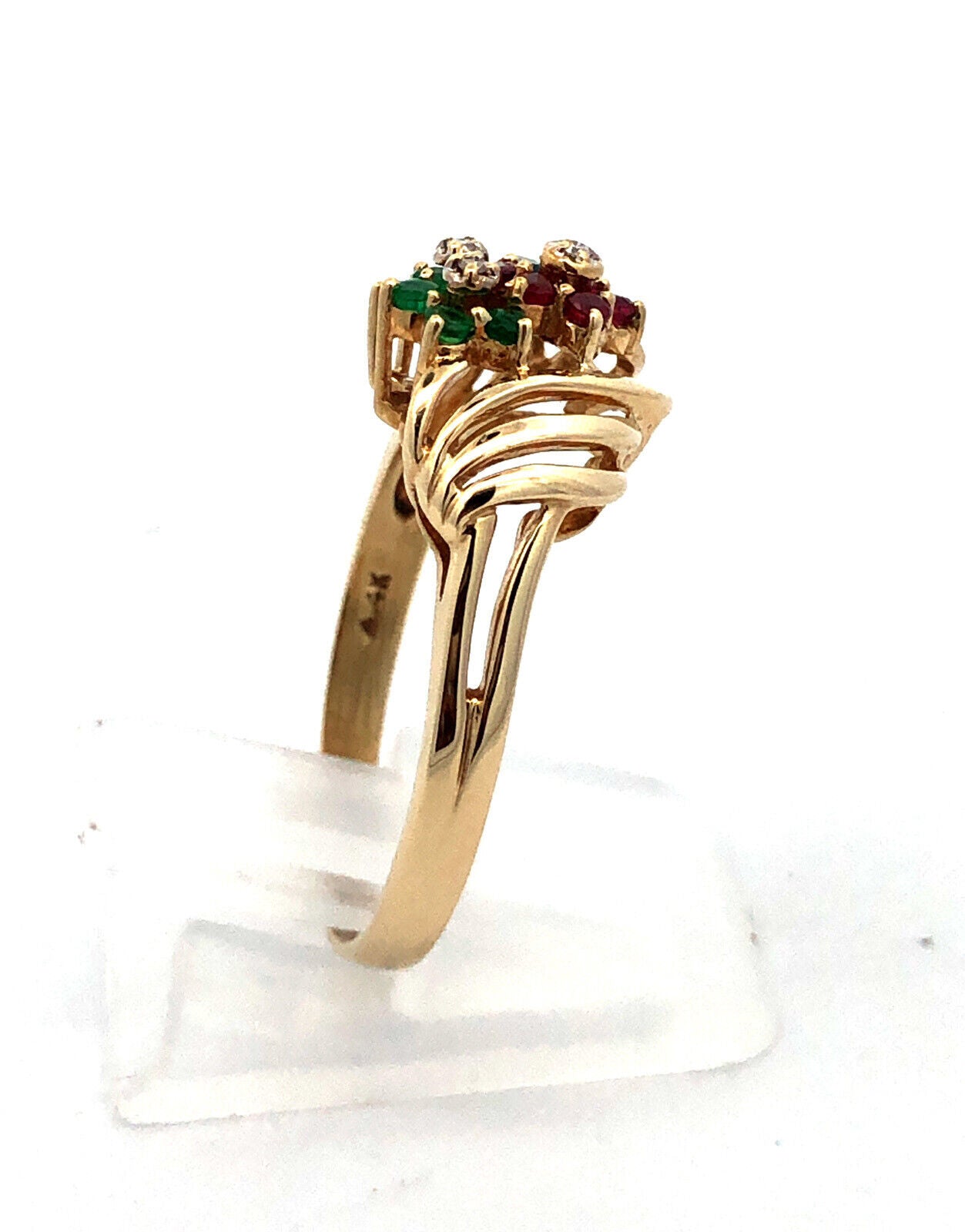 Designer 14K Yellow Gold Sapphire Ruby Emerald Diamond Flower Modernist Ring