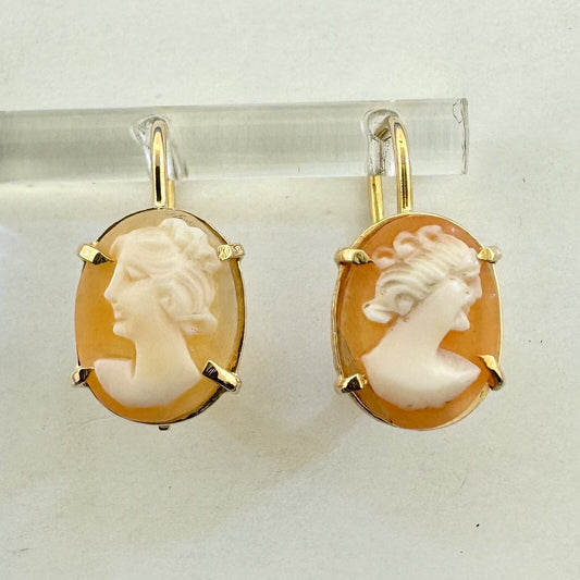 Designer 18K Yellow Gold Oval Carved Cameo Drop Dangle Lever Back Earrings