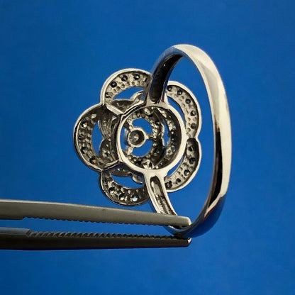 Gorgeous Mexican 14k White Gold White Champagne Diamond Open Flower Ring Size 8