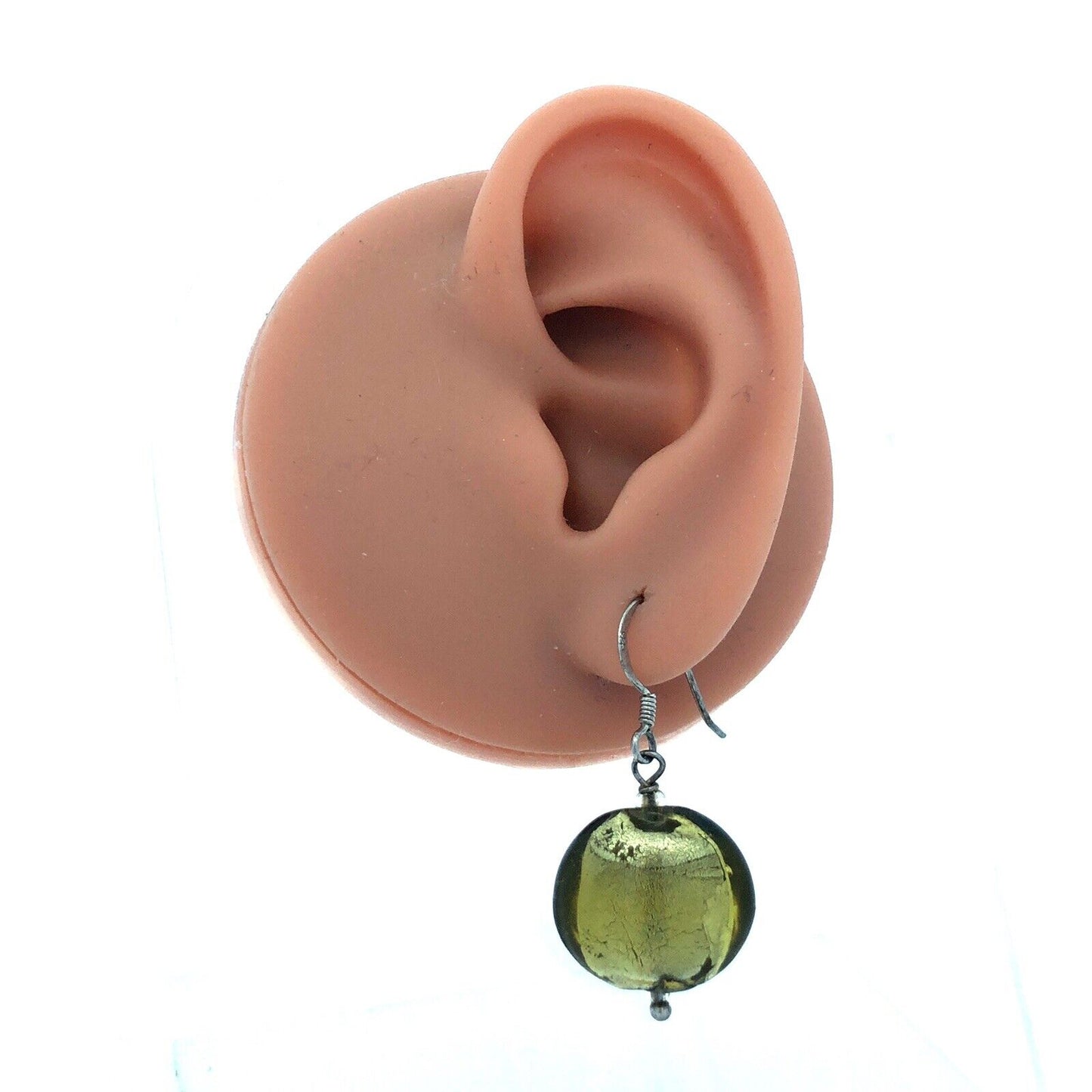 Estate 925 Sterling Silver Round Lime Green Dichroic Glass Hook Dangle Earrings