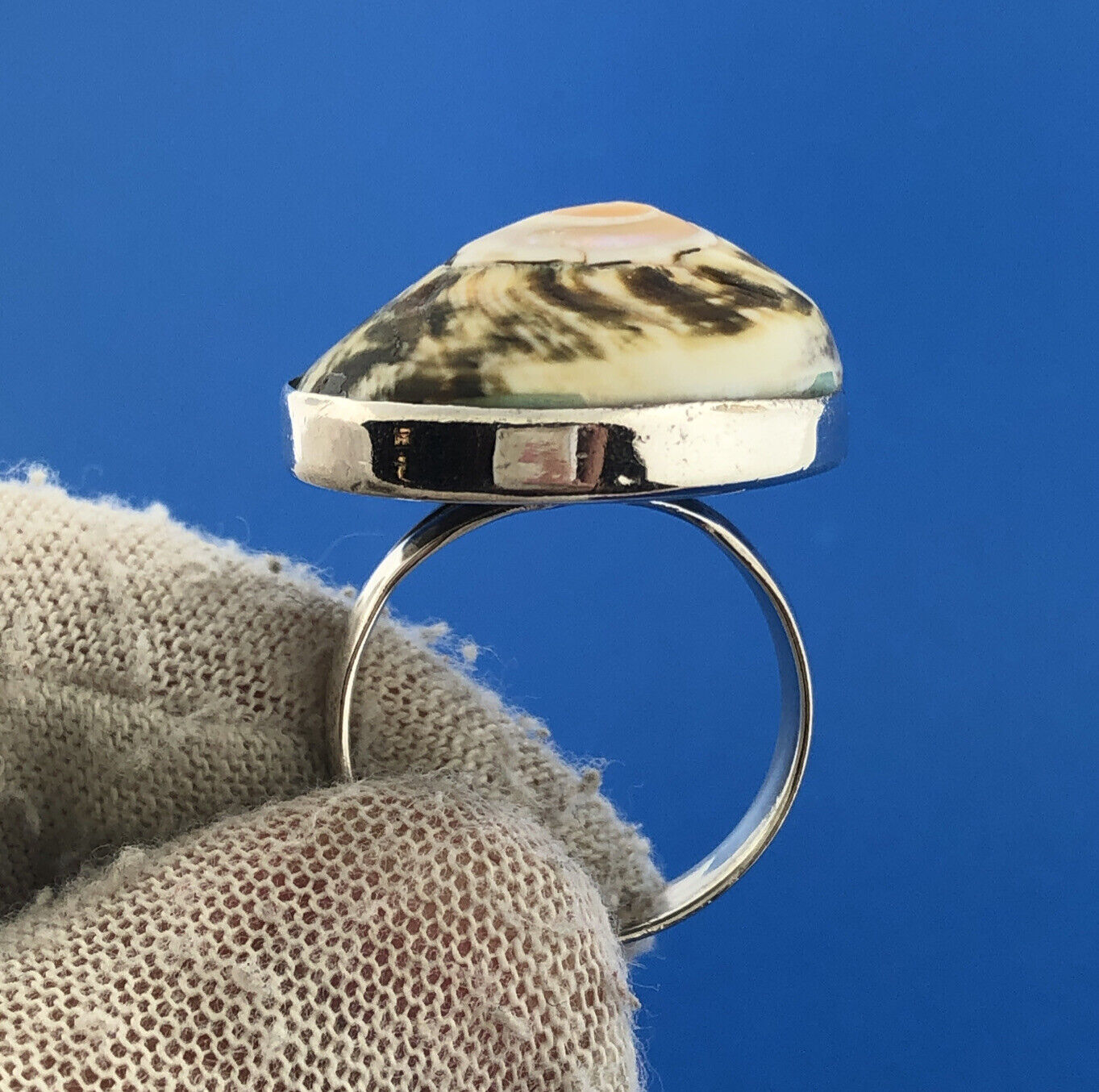 Sterling Silver 925 Brown White Abalone Shell Spiral Circle Ring Size 7.75