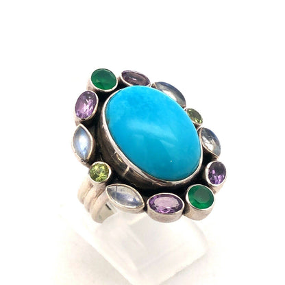 Designer NB India 925 Sterling Silver Oval Turquoise Multi-stone Statement Ring