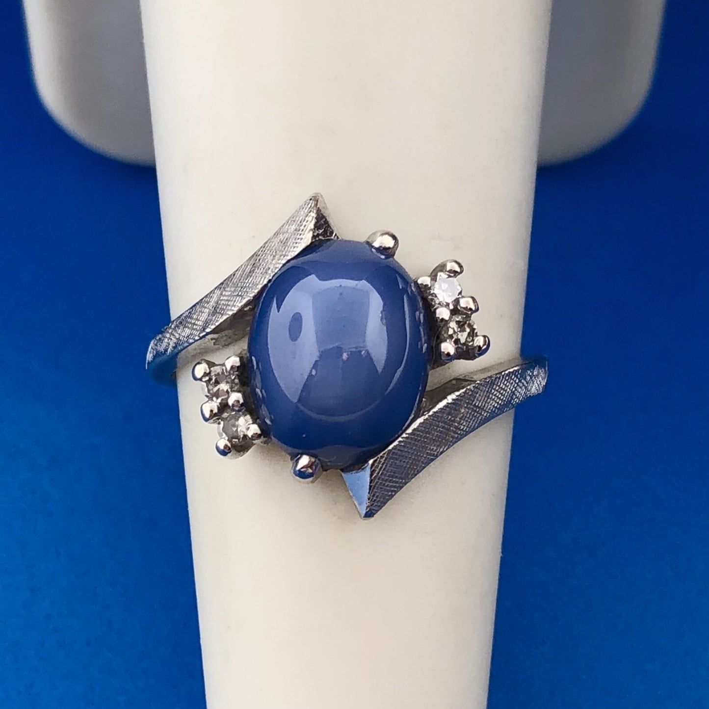 Mid Century Modern 14K White Gold Blue Star Sapphire Diamond Cocktail Ring
