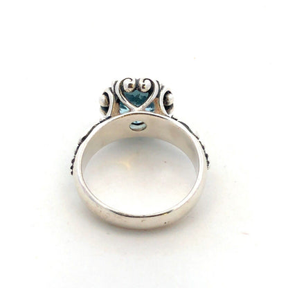 Designer 925 Sterling Silver Round Blue Topaz Solitaire Heart Scroll Ring