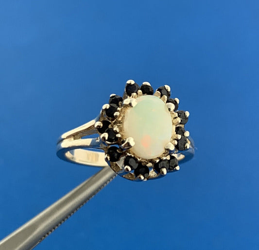 Designer 925 Sterling Silver Oval Opal Cabochon Blue Sapphire Halo Cocktail Ring