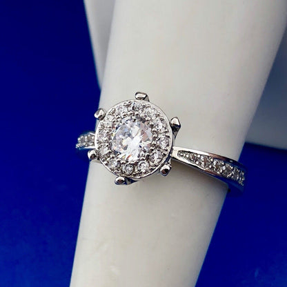 Sterling Silver 925 Cubic Zirconia White Sapphire Halo Engagement Promise Ring