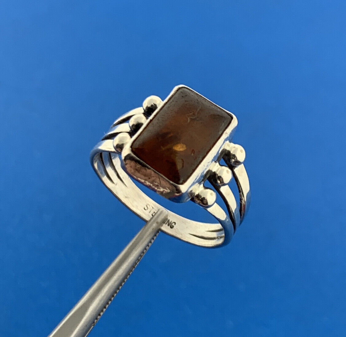 925 Sterling Silver Amber Rectangle Cabochon Cocktail Ring