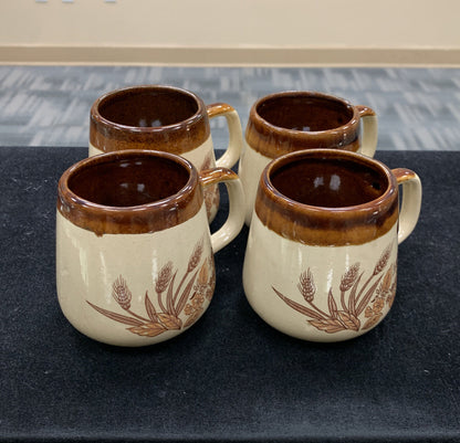Mid Century Brown Drip Glaze Ceramic Pottery Floral Handled Set Of 4 Coffee Mugs