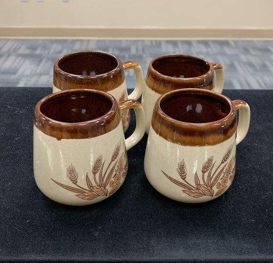 Mid Century Brown Drip Glaze Ceramic Pottery Floral Handled Set Of 4 Coffee Mugs