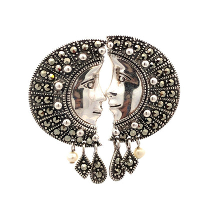 Designer A 925 Sterling Silver Marcasite Pearl Man In Moon Dangle Stud Earrings