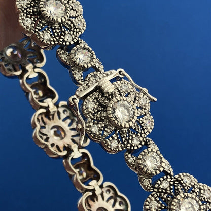 Designer 925 Sterling Silver Cubic Zirconia Floral Flower Panel Tennis Bracelet