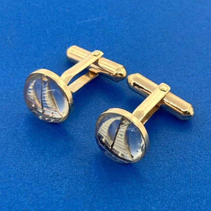 Vintage 14K Yellow Gold Enamel Acrylic Sailboat Sailing Sea Themed Cufflinks