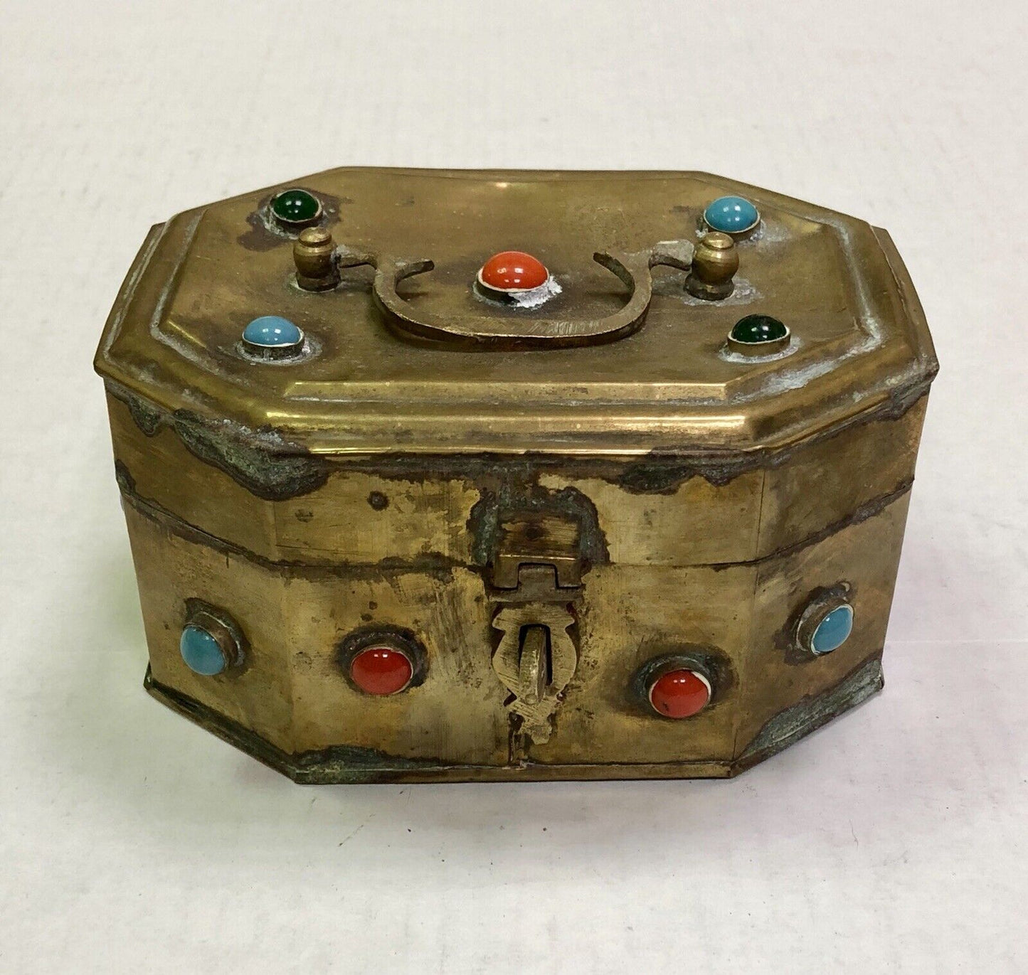 Vintage India Artisan Brass Jeweled Handled Lockable Latched Trinket Jewelry Box
