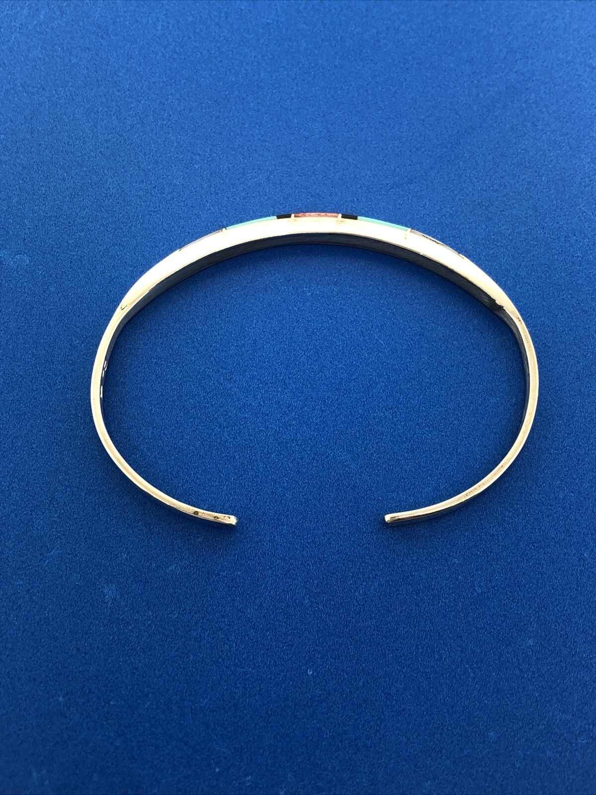 Native American PA 925 Sterling Silver Multi Gem Inlay Petite Cuff Bracelet