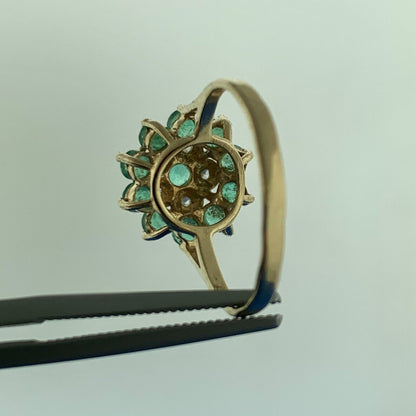 Vintage Designer 14K Emerald Diamond Accent Floral Cluster May Anniversary Ring