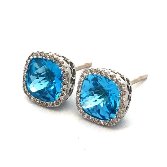 18K White Gold Square Cushion Cut Blue Topaz White Topaz Accents Stud Earrings