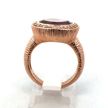 Designer 14K Rose Gold Oval Amethyst Diamond Halo Statement Size 7 Cocktail Ring