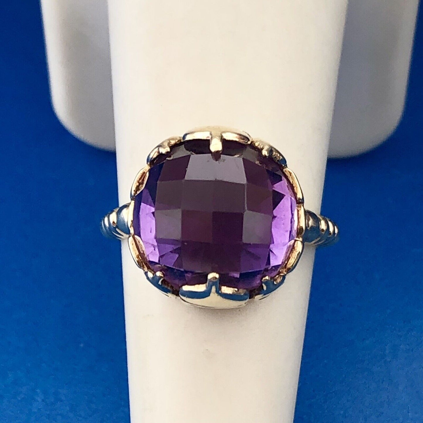 Retro 10K Yellow Gold Amethyst Spheroid Siam Temple Mounting Statement Ring