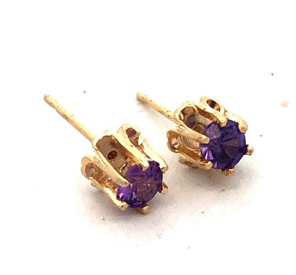 Estate 14K Yellow Gold Purple Sapphire Solitaire Buttercup Flower Stud Earrings