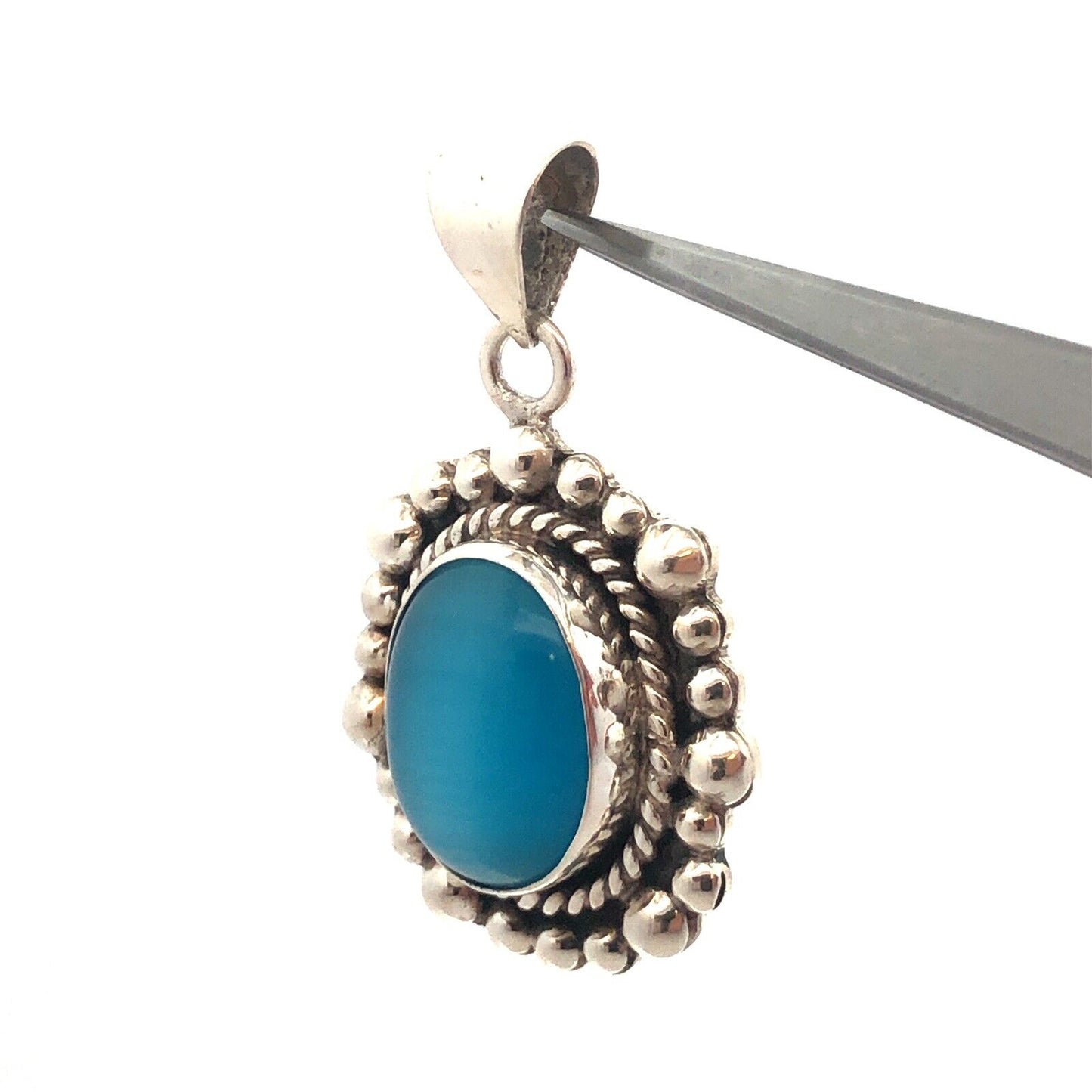 Designer ATI Mexico 925 Sterling Silver Oval Blue Cat's Eye Statement Pendant