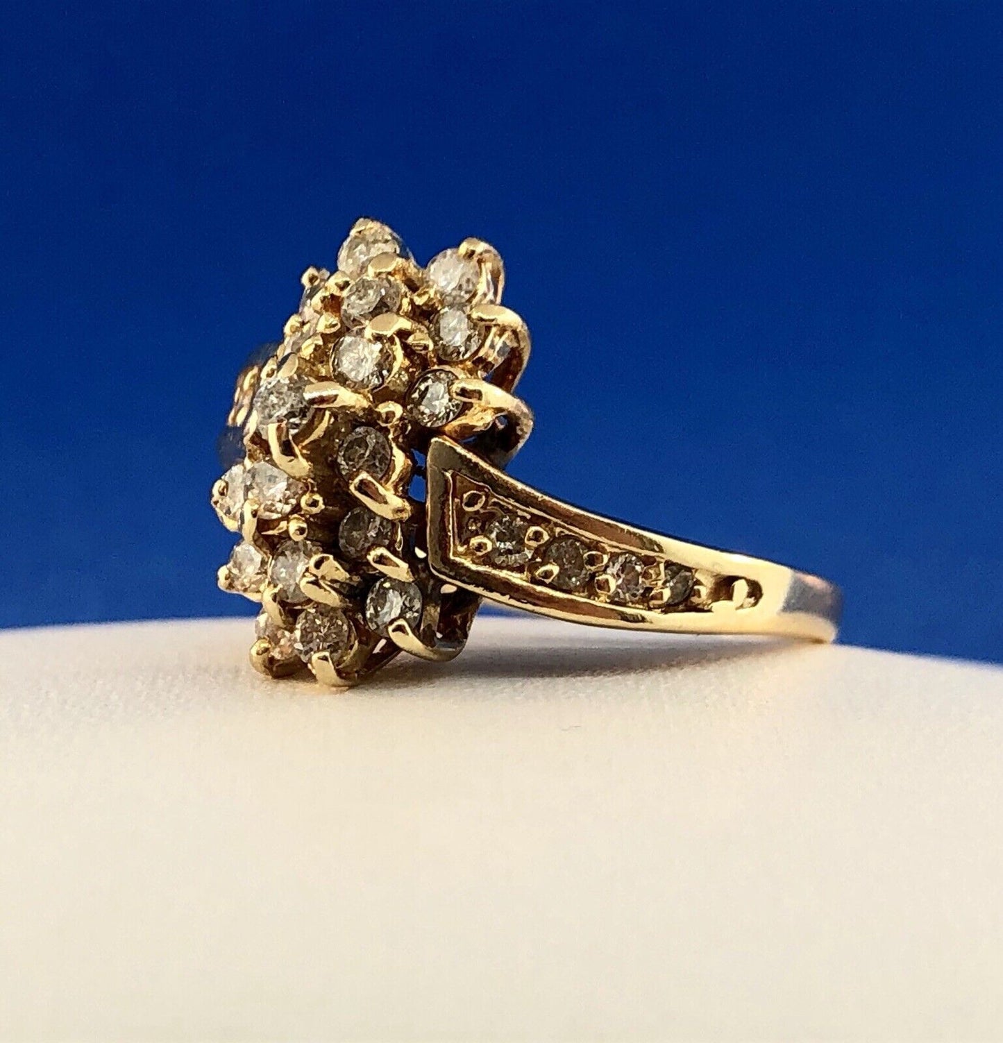 Vintage 14K Yellow Gold Diamond Waterfall Flower Cluster Statement Cocktail Ring