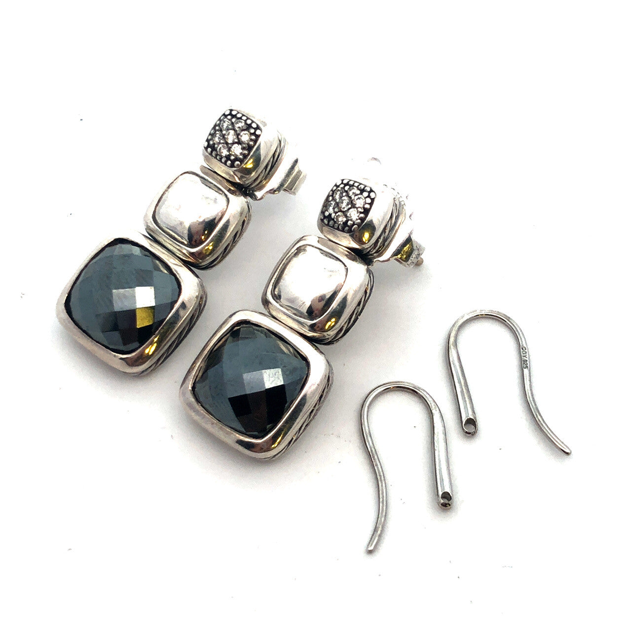 David Yurman 925 Sterling Silver Albion Cushion Cut Hematite Diamond Earrings