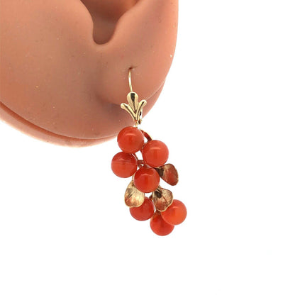 Estate 14K Yellow Gold Carnelian Bead Berry Vine Statement Dangle Drop Earrings