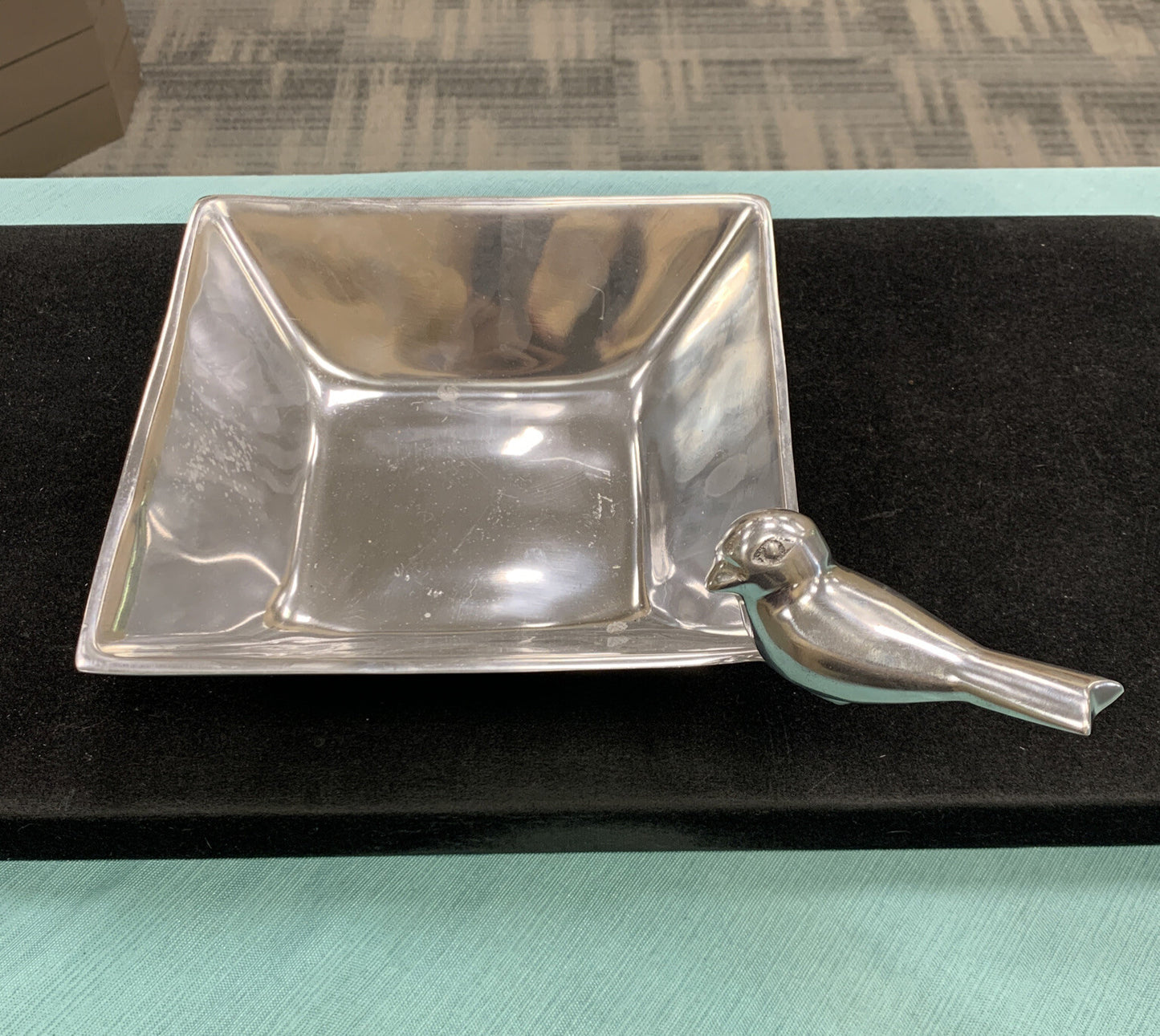Aluminum High Polished Bird Perched On Lip Birdbath Square Serving Bowl Dish