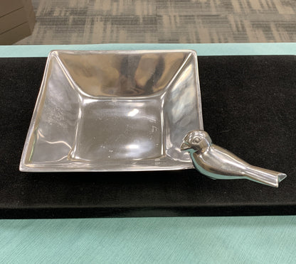 Aluminum High Polished Bird Perched On Lip Birdbath Square Serving Bowl Dish