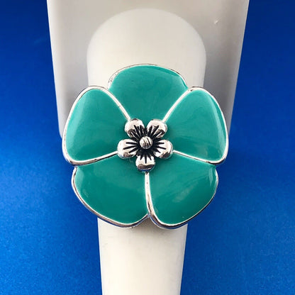 Premier Designs Silver Plate Turquoise Aqua Enamel Flower Statement Ring NIB