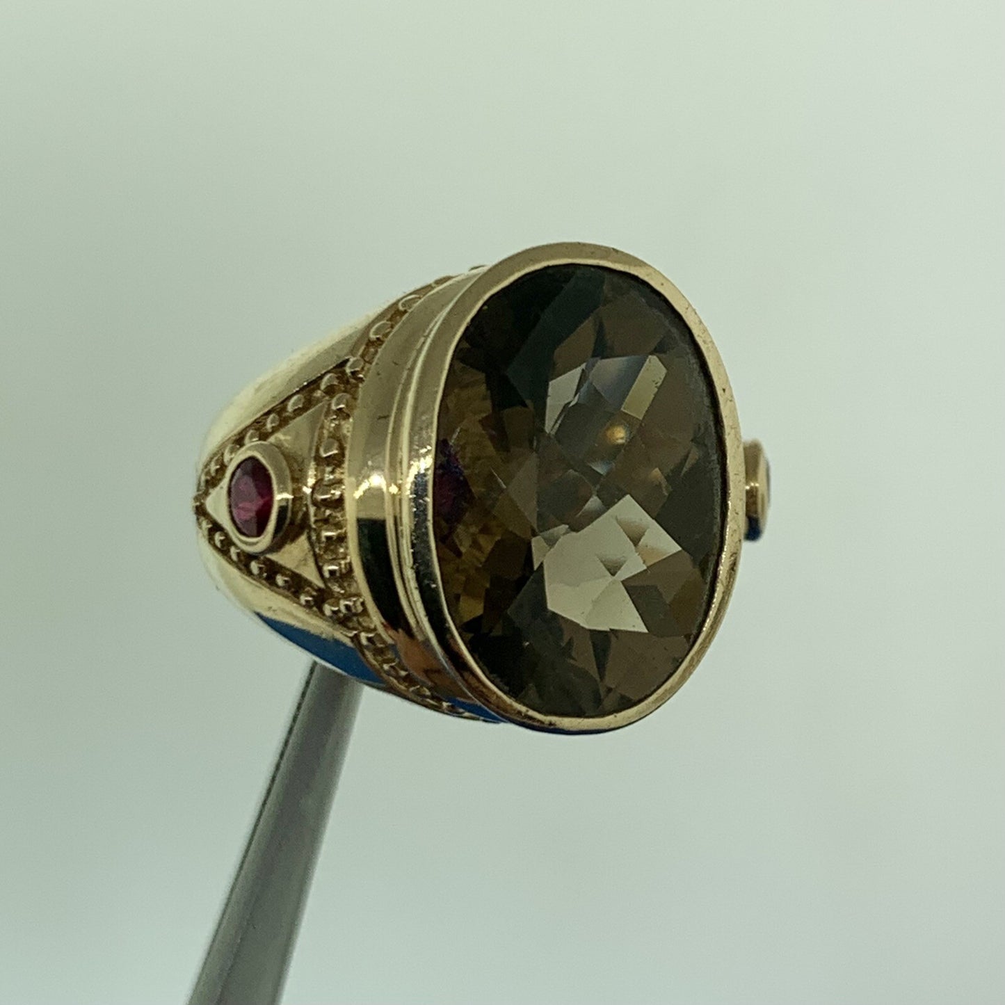 14K Yellow Gold Oval Cushion Cut Smoky Quartz Ruby Accented Statement Ring