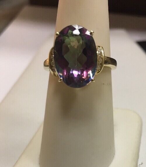 Stunning TJC 14K Yellow Gold Mystic Topaz Diamond Ring Size 6.75