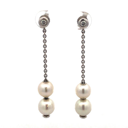 Mikimoto 18K White Gold Diamond Pearls In Motion Drop Dangle Stud Earrings