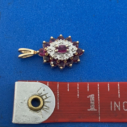 Vintage 10K Yellow Gold Ruby Diamond Drop Pendant